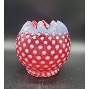 Vintage Fenton Cranberry Opalescent Glass POLKA DOT Large Rose Bowl Vase INV2